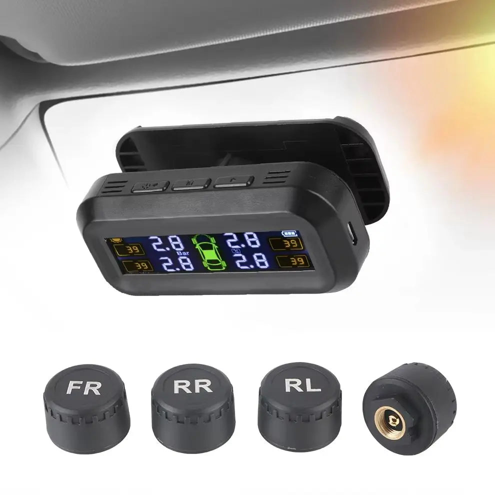 Car Tire Pressure Monitoring System TPMS with Temperature Warning, Solar Powered, External Battery Sensors