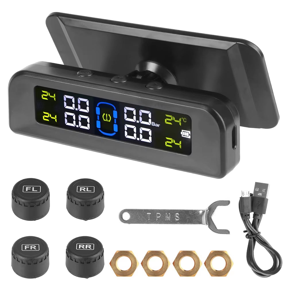 Car Tire Pressure Monitoring System TPMS with Temperature Warning, Solar Powered, External Battery Sensors