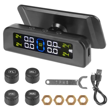 Car Tire Pressure Monitoring System TPMS with Temperature Warning, Solar Powered, External Battery Sensors
