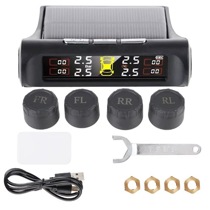 Car Tire Pressure Monitoring System TPMS with Temperature Warning, Solar Powered, External Battery Sensors