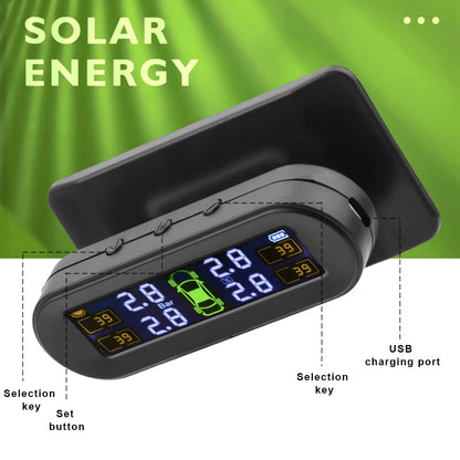 Car Tire Pressure Monitoring System TPMS with Temperature Warning, Solar Powered, External Battery Sensors
