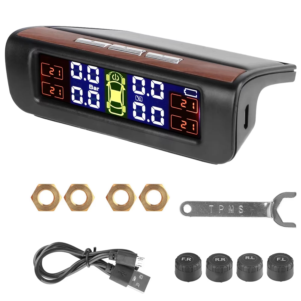 Car Tire Pressure Monitoring System TPMS with Temperature Warning, Solar Powered, External Battery Sensors