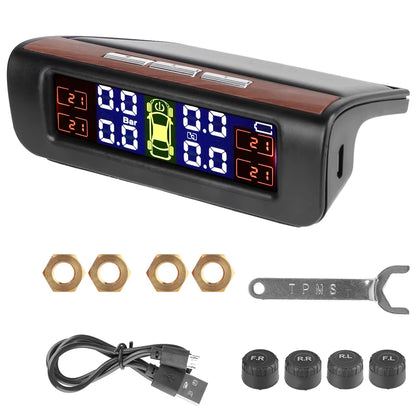 Car Tire Pressure Monitoring System TPMS with Temperature Warning, Solar Powered, External Battery Sensors