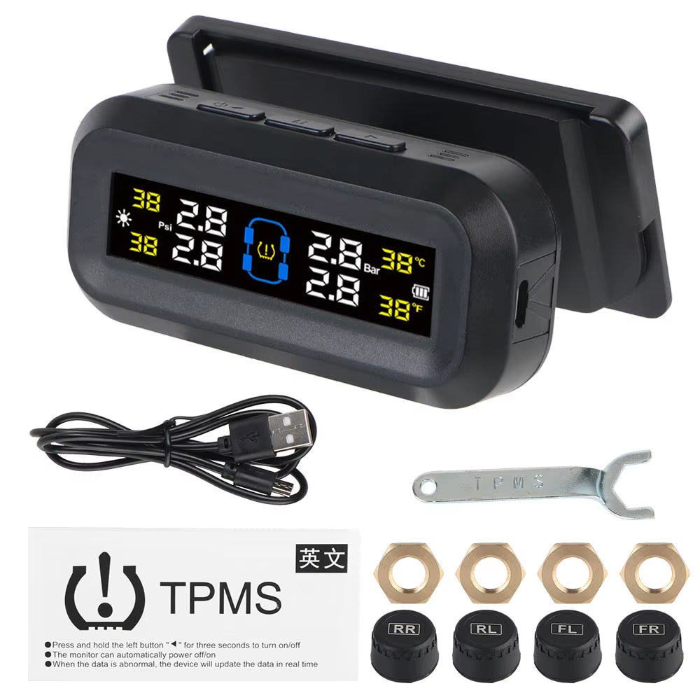 Car Tire Pressure Monitoring System TPMS with Temperature Warning, Solar Powered, External Battery Sensors