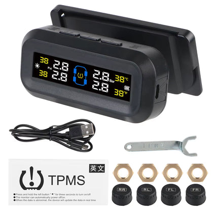 Car Tire Pressure Monitoring System TPMS with Temperature Warning, Solar Powered, External Battery Sensors