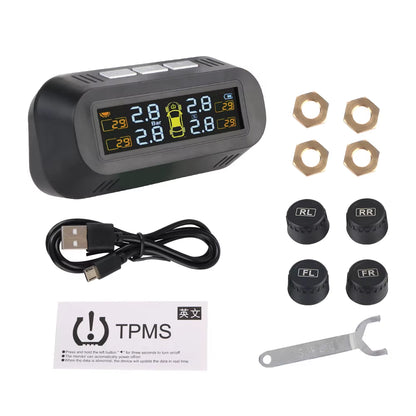 Car Tire Pressure Monitoring System TPMS with Temperature Warning, Solar Powered, External Battery Sensors