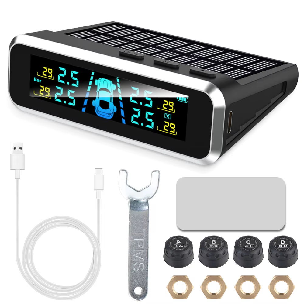 Car Tire Pressure Monitoring System TPMS with Temperature Warning, Solar Powered, External Battery Sensors