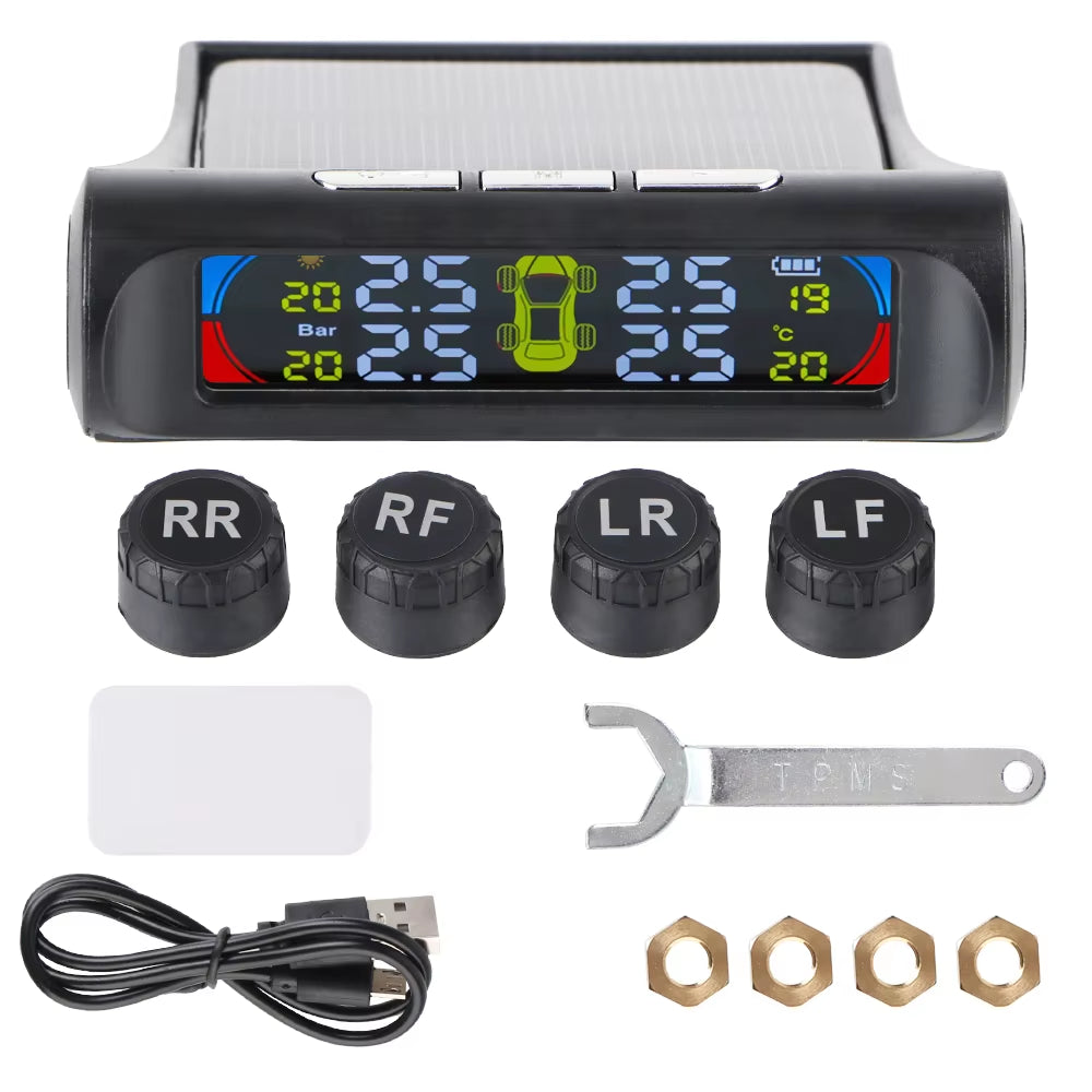 Car Tire Pressure Monitoring System TPMS with Temperature Warning, Solar Powered, External Battery Sensors