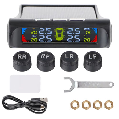 Car Tire Pressure Monitoring System TPMS with Temperature Warning, Solar Powered, External Battery Sensors