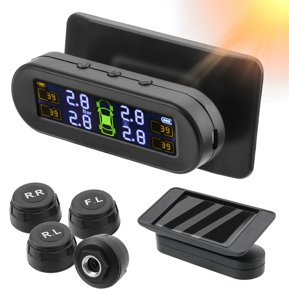 Car Tire Pressure Monitoring System TPMS with Temperature Warning, Solar Powered, External Battery Sensors