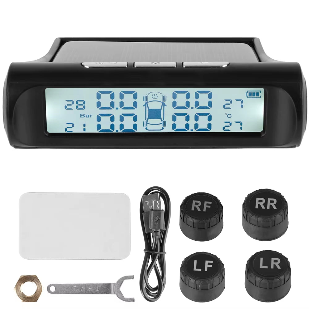 Car Tire Pressure Monitoring System TPMS with Temperature Warning, Solar Powered, External Battery Sensors