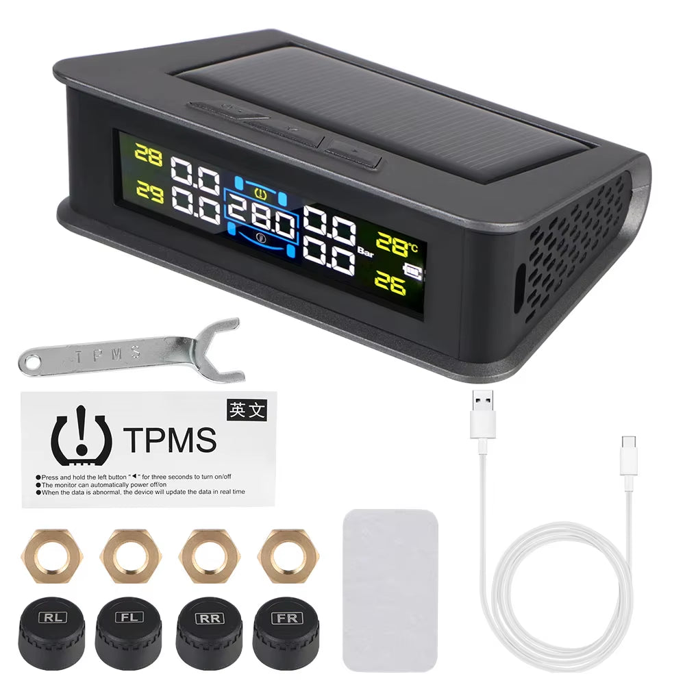 Car Tire Pressure Monitoring System TPMS with Temperature Warning, Solar Powered, External Battery Sensors
