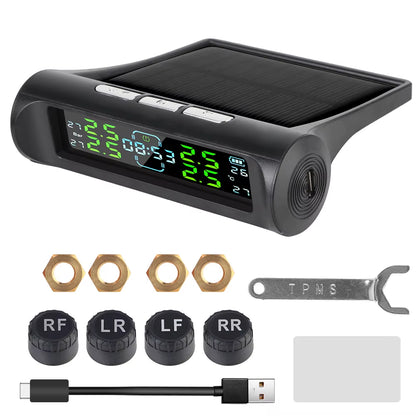 Car Tire Pressure Monitoring System TPMS with Temperature Warning, Solar Powered, External Battery Sensors