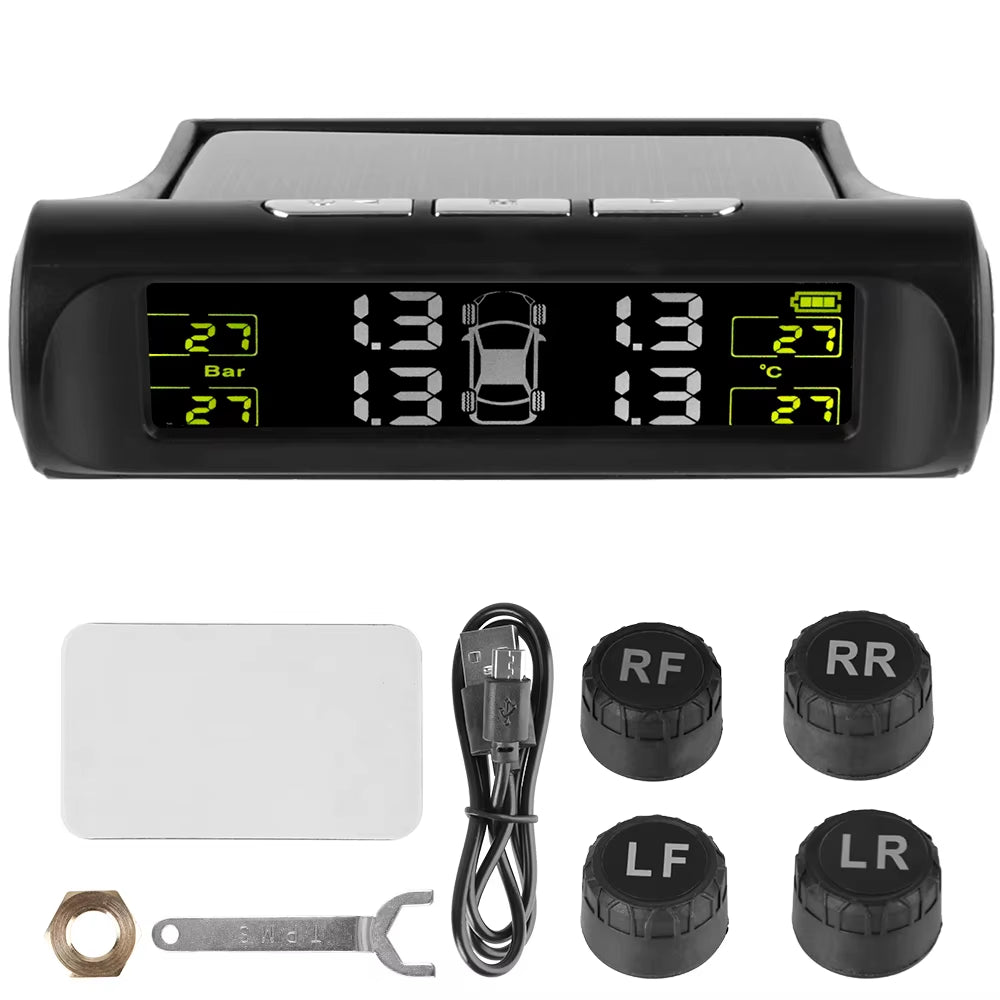 Car Tire Pressure Monitoring System TPMS with Temperature Warning, Solar Powered, External Battery Sensors
