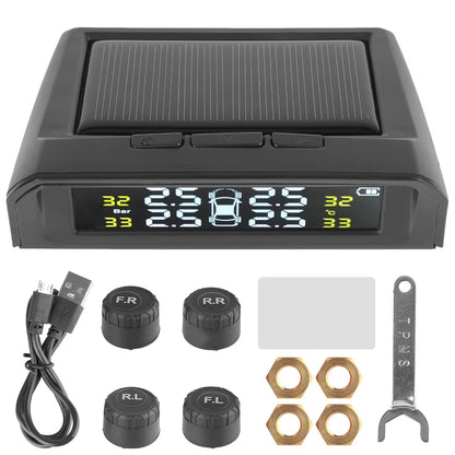 Car Tire Pressure Monitoring System TPMS with Temperature Warning, Solar Powered, External Battery Sensors