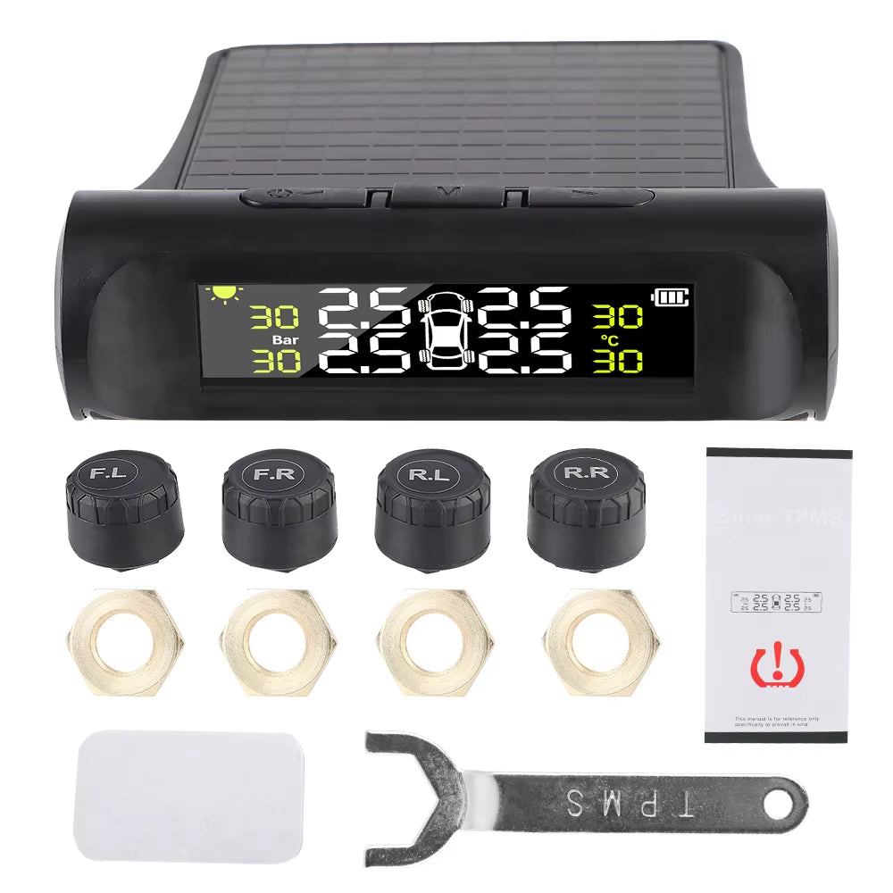 Car Tire Pressure Monitoring System TPMS with Temperature Warning, Solar Powered, External Battery Sensors