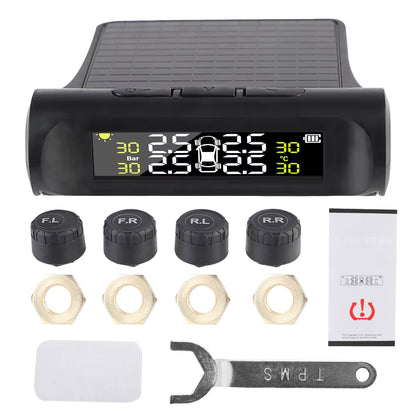 Car Tire Pressure Monitoring System TPMS with Temperature Warning, Solar Powered, External Battery Sensors