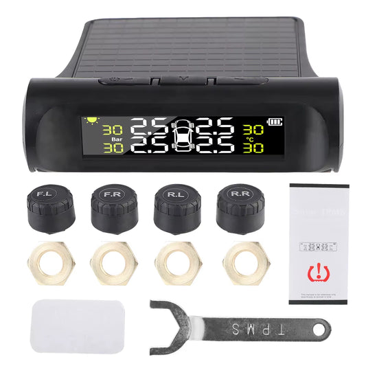 Car Tire Pressure Monitoring System TPMS with Temperature Warning, Solar Powered, External Battery Sensors