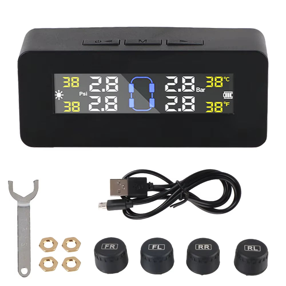 Car Tire Pressure Monitoring System TPMS with Temperature Warning, Solar Powered, External Battery Sensors