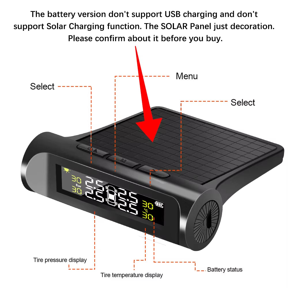 Car Tire Pressure Monitoring System TPMS with Temperature Warning, Solar Powered, External Battery Sensors
