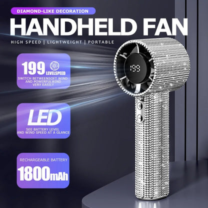 Diamond-Shimmering Luxury Fan-A Portable Handheld Turbo Fan 3 Gear Wind Rechargeable Long Battery Life Hand Fan with Digital Display for Outdoor Activities Travel Office Strong Boosting Output Long Distance Blowing