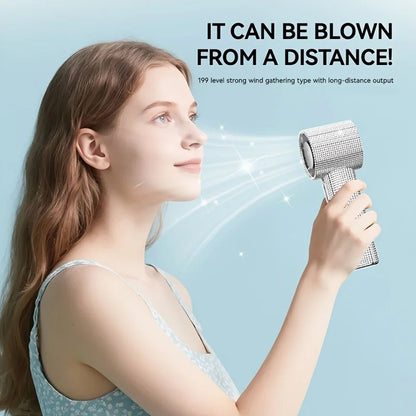 Diamond-Shimmering Luxury Fan-A Portable Handheld Turbo Fan 3 Gear Wind Rechargeable Long Battery Life Hand Fan with Digital Display for Outdoor Activities Travel Office Strong Boosting Output Long Distance Blowing