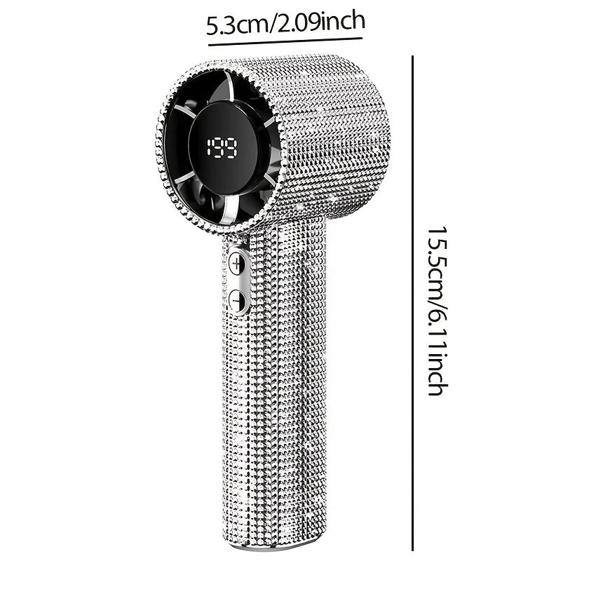Diamond-Shimmering Luxury Fan-A Portable Handheld Turbo Fan 3 Gear Wind Rechargeable Long Battery Life Hand Fan with Digital Display for Outdoor Activities Travel Office Strong Boosting Output Long Distance Blowing