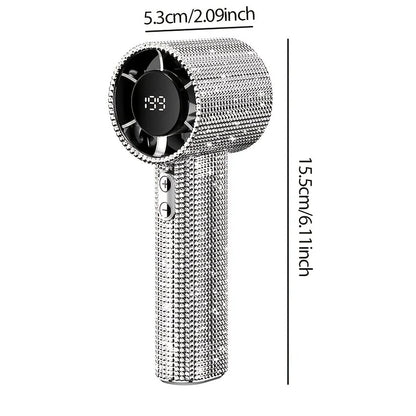 Diamond-Shimmering Luxury Fan-A Portable Handheld Turbo Fan 3 Gear Wind Rechargeable Long Battery Life Hand Fan with Digital Display for Outdoor Activities Travel Office Strong Boosting Output Long Distance Blowing