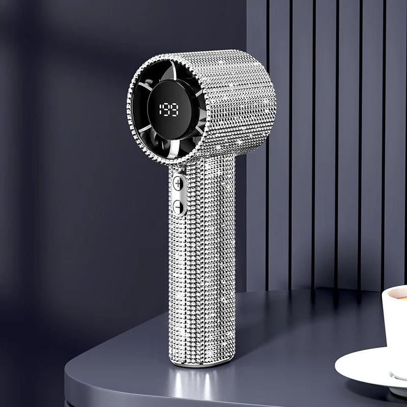 Diamond-Shimmering Luxury Fan-A Portable Handheld Turbo Fan 3 Gear Wind Rechargeable Long Battery Life Hand Fan with Digital Display for Outdoor Activities Travel Office Strong Boosting Output Long Distance Blowing