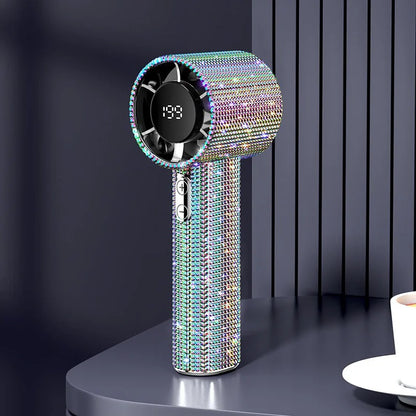Diamond-Shimmering Luxury Fan-A Portable Handheld Turbo Fan 3 Gear Wind Rechargeable Long Battery Life Hand Fan with Digital Display for Outdoor Activities Travel Office Strong Boosting Output Long Distance Blowing