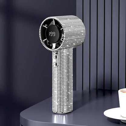 Diamond-Shimmering Luxury Fan-A Portable Handheld Turbo Fan 3 Gear Wind Rechargeable Long Battery Life Hand Fan with Digital Display for Outdoor Activities Travel Office Strong Boosting Output Long Distance Blowing